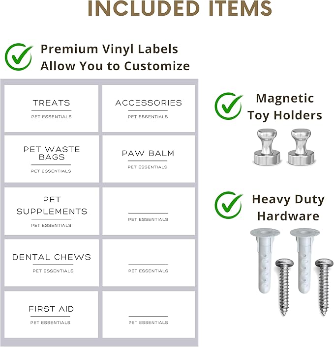 Dog Treat Holder For Wall Storage For Pets, Premium Pet Wall Organizer, Includes Three 32oz Airtight Dog Treat Jars, 3 Sets of Triple Hooks, Sturdy Shelf in Designer White