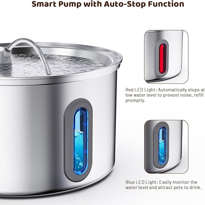 Cat Water Fountain Stainless Steel, 3.2L Cat Fountains for Drinking with Smart Quiet Pump and Water Level Window, Easy-to-Clean Automatic Pet Water Dispenser for Indoor Use, 2 Filters