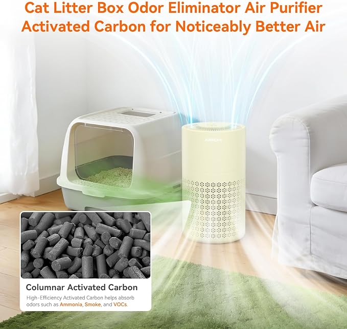 AIRROMI Air Purifier for Bedroom with HEPA Fet Filters, Pet Air Purifiers for Home Cat Pee Smell, Covers Up to 990Ft², Quiet 360° intake Air Cleaner for Allergies Dust Smoke Odor A2001 Yellow