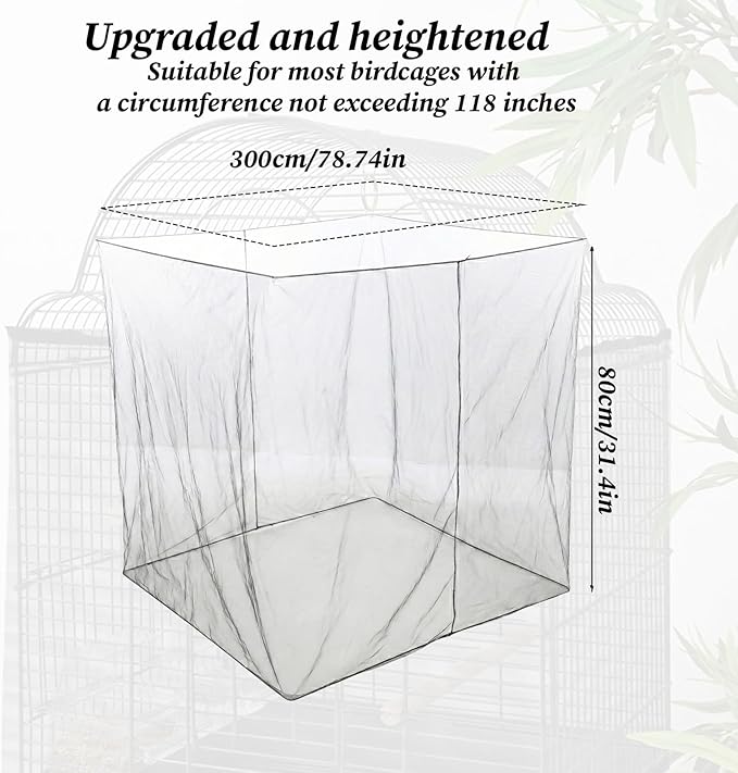 Large Bird Cage Seed Cather, Black Bird Cage Cover Universal Nylon Birdcage Net Elastic Band Skirt Seed Guard for Parrot Parakeet Macaw(118 * 31.5in/300 * 80cm)