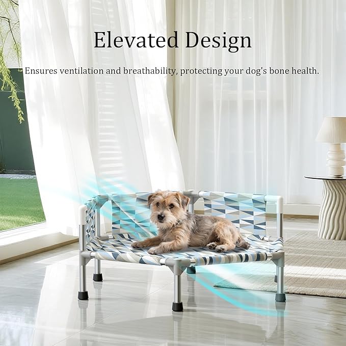 Elevated Dog Bed with Guardrail, Cooling Outdoor Pet Cot with 3-Sided Fence，Raised Dog Cot with 6-Metal Frame (Small)