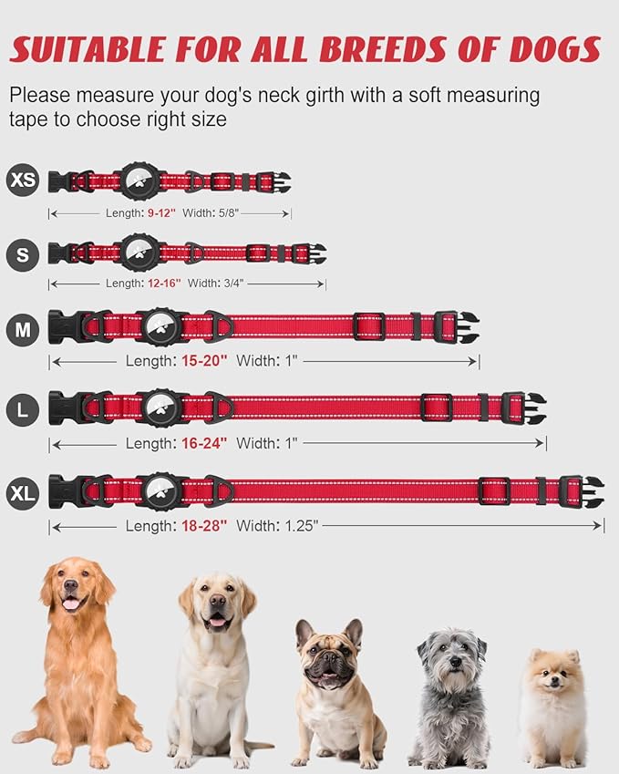 Joytale Airtag Dog Collar, Reflective Pet Collar with Waterproof AirTag Holder, Dual D-Rings, Soft Padded Adjustable for Extra Small and Puppy Dogs, Red, XS