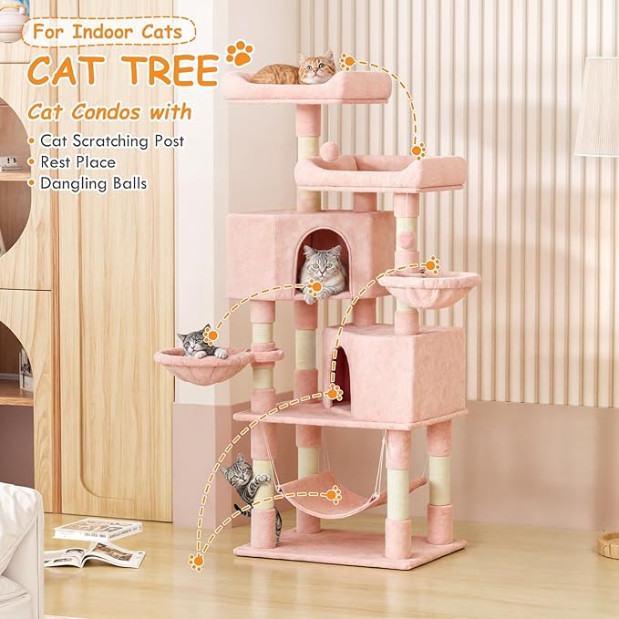58" Cat Tree Tower for Indoor Cats, Multi-Level Activity Center with Scratching Posts, Hammocks, Top Perch, Dangling Ball & Cat Condo, Soft Pink