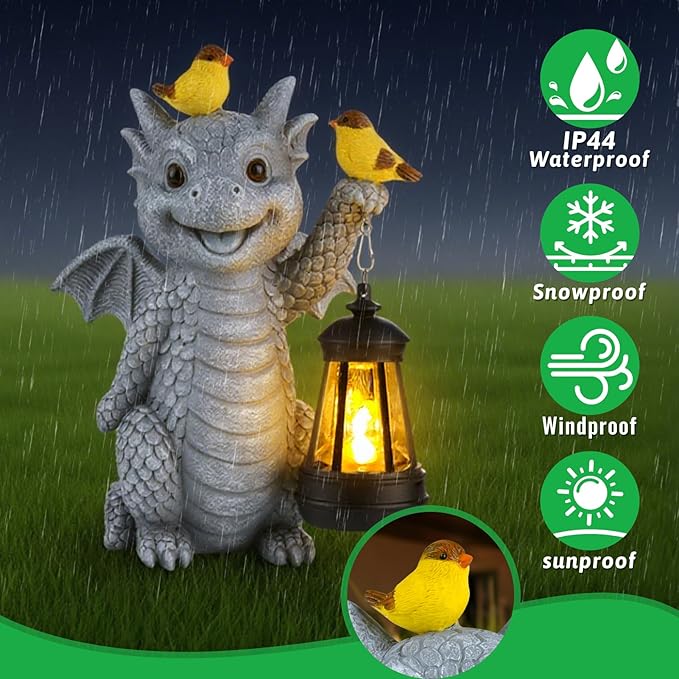 ILLUMINEW Solar Dragon Garden Statue with Lantern and Birds – Resin Dinosaur Figurine with LED Light for Yard, Outdoor Decor, Gifts for Mom, Women (Dragon)