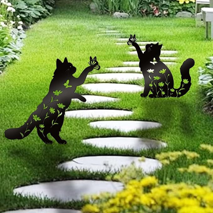 Bnesi Floral Long-Haired Cat Yard Decor Pet Grave Markers Metal Sign Silhouette Garden Ornament Pet Grave Markers Outdoor Cat Memorial Gift Flowerbed Decor (Lively)