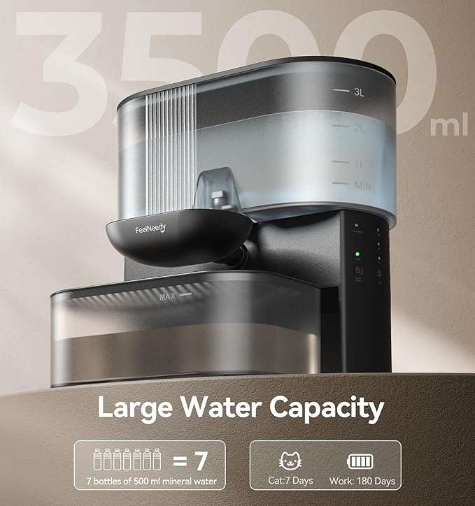 Wireless Cat Water Fountain No Filters, Wastewater Separation, FEELNEEDY Stainless Steel Bowl, 3.5L Pet Water Fountain for Cats & Dogs Dispenser, Black