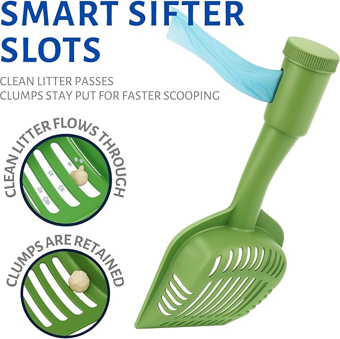 2-in-1 Pooper Scooper with Bag Attachment, Cat Litter Shovel Scoop with Bag, Built-in Dispenser, Includes Trash Roll, Rinse-Clean, Anti-Stick, Smart Sifter, Long Handle (Green)