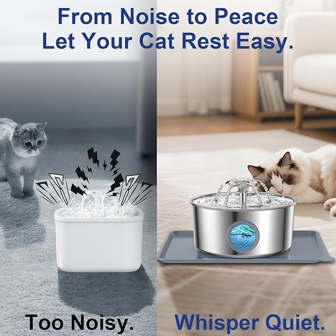 LucidShine 108oz/3.2L Stainless Steel Cat Water Fountain with 8 Replacement Filters（Up to 8-Month Supply）, Automatic Pet Drinking Fountain for Multi-Pet Households, Ultra Quiet Pump & Dishwasher Safe