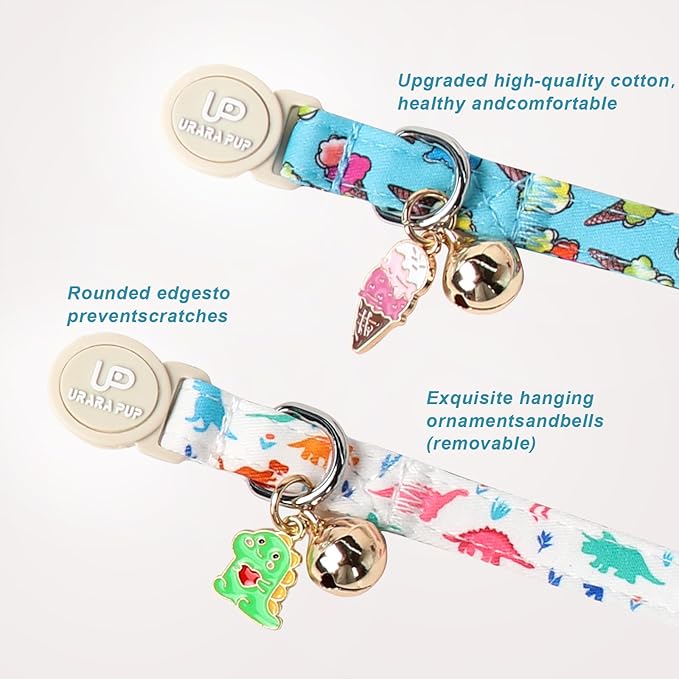 Cat Collar, 2Pack Summer Kitten Collars-Breakaway Kitty Collars-Cute Dinosaur and Icecream Pendants,Cat Collar with Bell, for Girl & Boy Cats