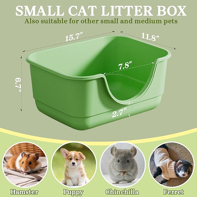 Low Entry Small Litter Box for Kittens, Kitty Plastic Litter Boxes, Open Top, Anti-Splash High Sided Litter Tray Pan for Medium Pets, Puppy, Easy to Clean, 15.7" L*11.8" W*6.7" H (Green)