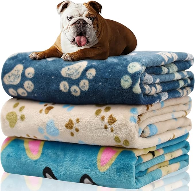 Rezutan Dog Blanket for Medium Dogs, 1 Pack 3 Premium Soft Cat Puppy Blankets, 30x20 inch, Flannel Cute Paw Print for Small Kitten Kennel Crate Bed, Blue/Beige/Navy Blue