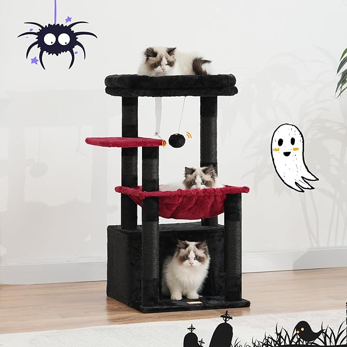 Heybly Cat Tree, Kitten Tower with Large Soft Cat Basket, Cat Condo with Spacious Cat Bed Cave with Hidden Space, Sisal-Covered Scratching Posts, Dangling Ball for Indoor Cats, Black and Red HCT008SBR