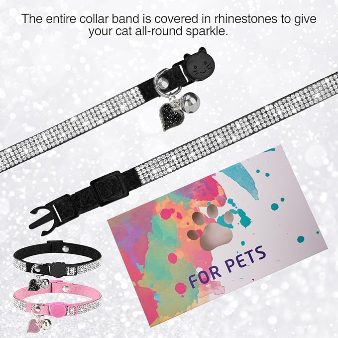 Rhinestone Cat Collar Breakaway with Bell, Diamond Cat Collar with Safety Buckle Quick Release for Girl Boy Small Kitten Pets Puppy,Cute Soft Female Male Cat Collars,Color Pink & Black 8-12"