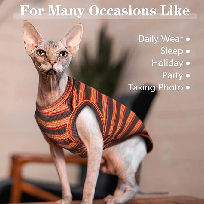 BRKURLEG Sphynx Hairless Cats Shirt Puppy Clothes Soft Cotton T-Shirts Cute Cats Pajamas Cat Stripes Vest Pet Sweater, Round Collar Vest Kitten Shirts(Red Stripes, M)