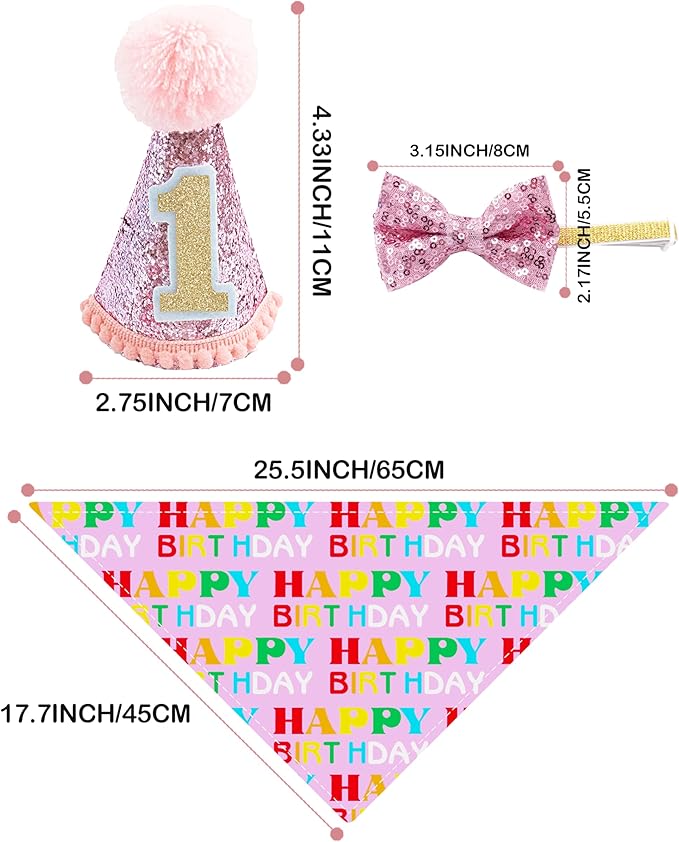 PET SHOW Small Dog Birthday Party Hat for Pets 1-Year-Old Birthday Party Cat Kitten Headband Hats Grooming Accessories Pink Set