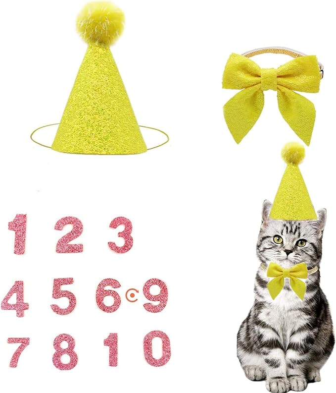 Christmas Pet Party Jazz Hat and Blingbling Bow Tie Breakaway Collar Set, Adjustable Headband for Kitten Puppy Small Dogs Cats (Yellow)