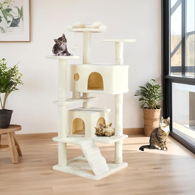 Sweetcrispy 54 Inch Cat Tree Tower, Multi-Level Tower with Cat Scratching Post, Indoor Cat Condo with Climbing Ladder, Plush Toy, Play House for Cat, Beige