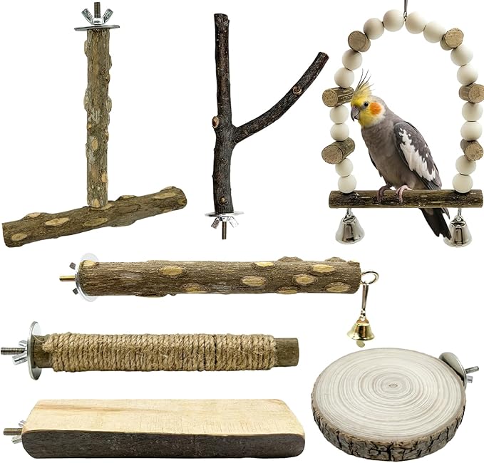 7Pcs Natural Wooden Bird Perch Set – Parrot Perch Toys, Wooden Perch Swing, Cage Accessories for Budgies, Cockatiels, Lovebirds, Finches, and Other Small to Medium Birds