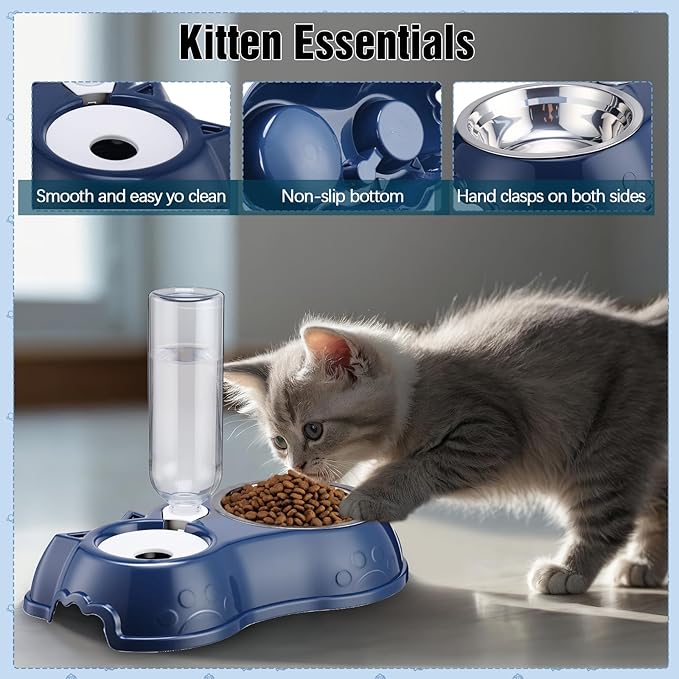 Eccliy Kitten Starter Kit, 10 Pcs Cat Starter Kit for Indoor Cats Kitten Essentials Includes Litter Box, Pet Toy, Folding Carrier, Climbing Frame, Mat, Collar, Automatic Food Bowl (Classic,Dark Blue)