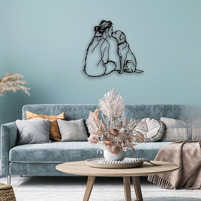 Woman Dog Metal Wall Decor - Pet Lover Room Decor Wall Art Home Decor for Living Room, Bedroom, Dining Room, Bathroom, Office, Pet Shop (Black)