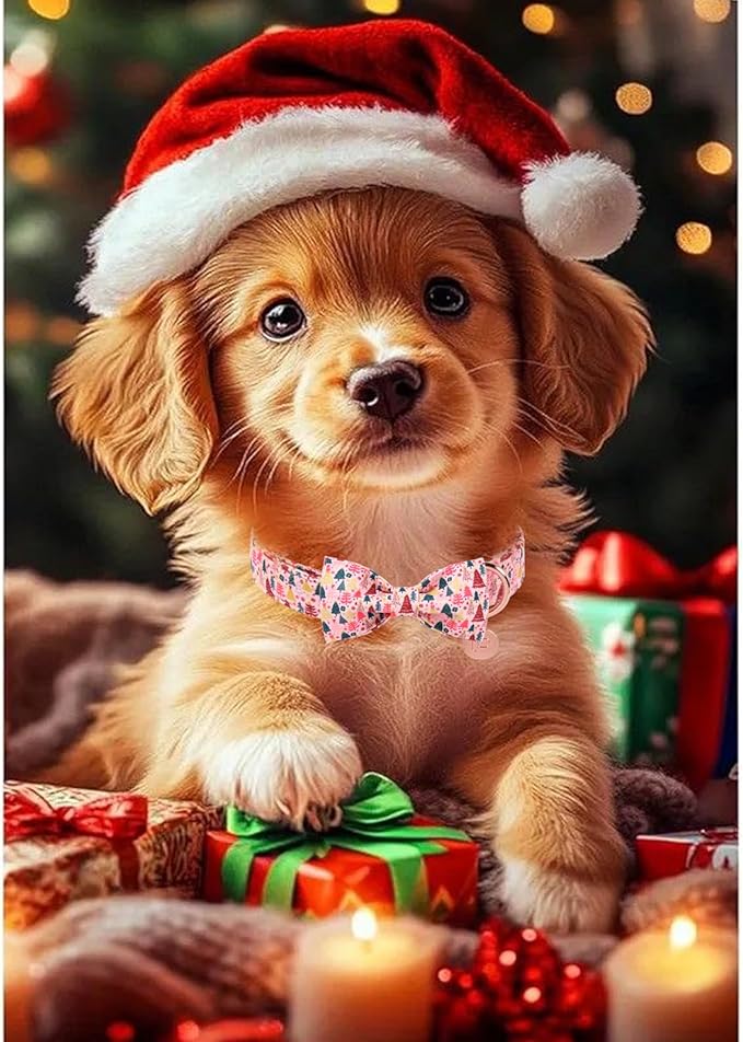 Christmas Dog Collar with Bow Tie, Pink Christmas Tree Collars for Dogs, Adjustable Pet Collar with Cute Xmas Tree Pendant, Winter Dog Accessories for Small Medium Large Dogs M