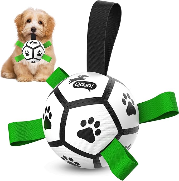 QDAN Dog Toys Soccer Ball with Straps, Interactive Toys for Tug of War, Puppy Birthday Gifts, Dog Water Toy, Durable Balls World Cup for Small Dogs（5 Inch）