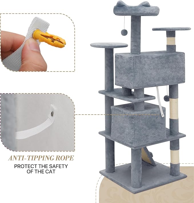 Athena Collection Cat Tree, 54 Inch Multi-Level Cat Activity Center with 2 Cat Condo & Scratching Post & Dangling Ball for Indoor Cats, Light Gray