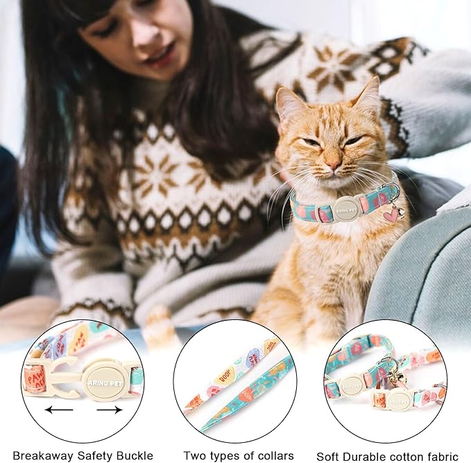 ARING PET 2 Pack Valentine's Day Cat Collars-Cute Heart Cat Collar Breakaway with Bell&Pendant, Adjustable Valentine Kitten Collars with Safety Buckle for Girl and Boy Cats