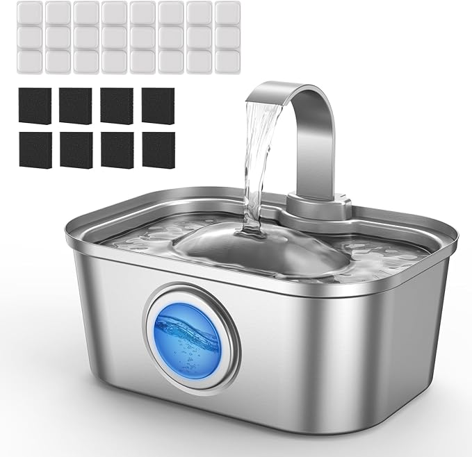 Bobo&Dragon Stainless Steel Cat Water Fountain 124oz/3.5L, Ultra Quiet Automatic Pet Water Dispenser for Multiple Cats & Dogs, 6-Layer Filtration, Smart Window, Built-in 8+8 Replacement Filters