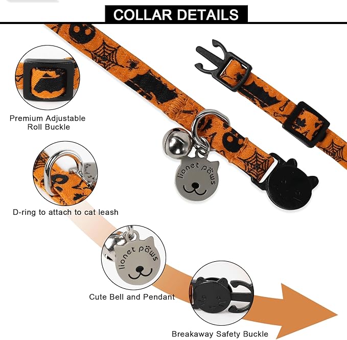 Lionet Paws 2pcs Pack Cotton Cat Collar,Breakaway Buckle with Halloween and Brand Pendant Cute Adjustable Cat Kitten Collar,Ideal for Girl Cats