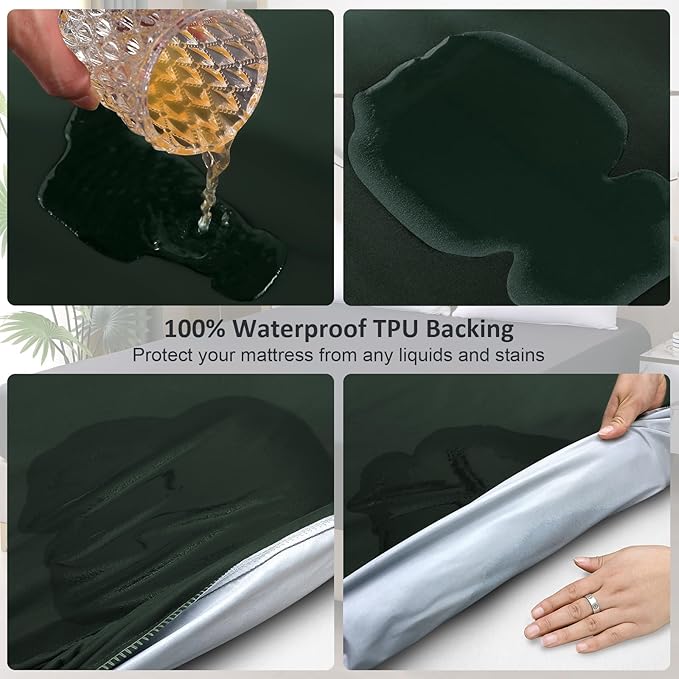 Waterproof Mattress Protector Twin, Fitted Sheet Style Breathable Mattress Cover with Deep Pocket Fits Up to 18'', Noiseless Bed Cover for Kids Adults, Machine Washable (Green, 39'' X 75'')