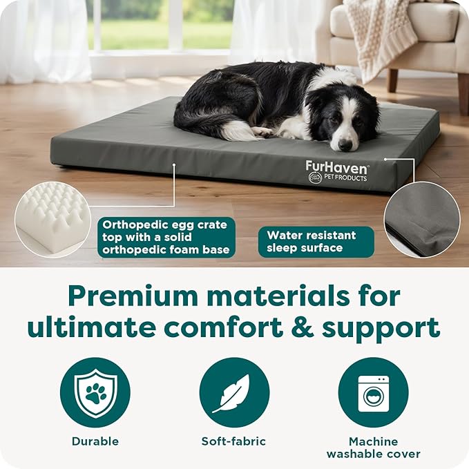FurHaven Water-Resistant Orthopedic Dog Bed for Large Dogs, Oxford Polycanvas Mattress with Egg Crate and a Solid Orthopedic Foam Base for Joint Support, Washable Cover, Large, Stone Gray