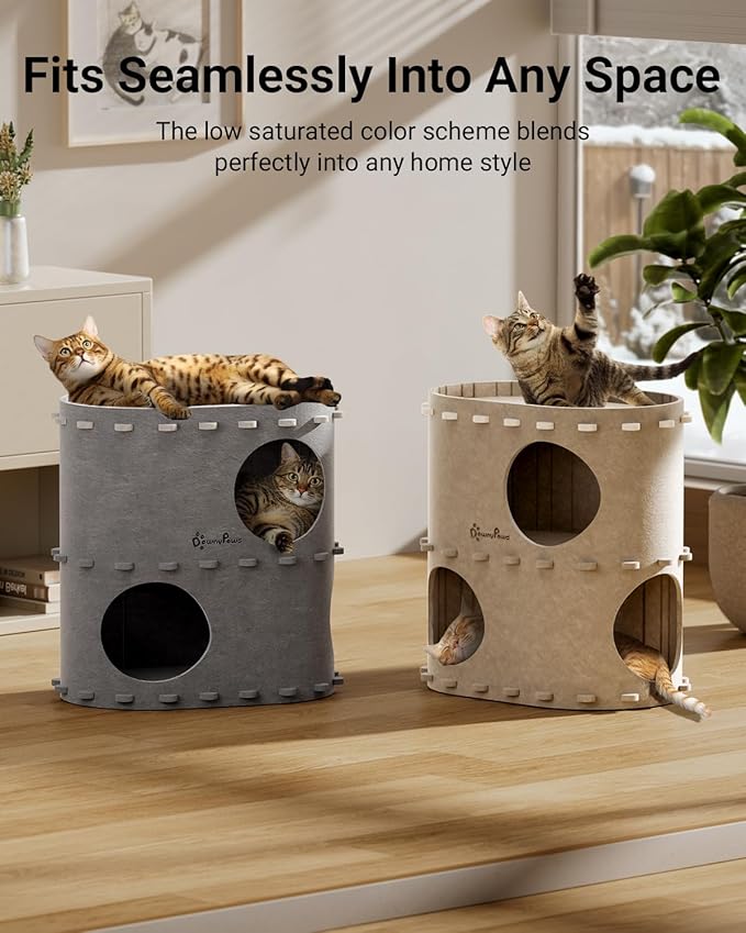DownyPaws Cat House for Indoor Cats, 2-Storey Foldable Cat Bed Cave, Felt Cats Tunnel Bed Condo, Castle Kitten Cube Hideaway for Multicats, Scratch Resistant, Cream