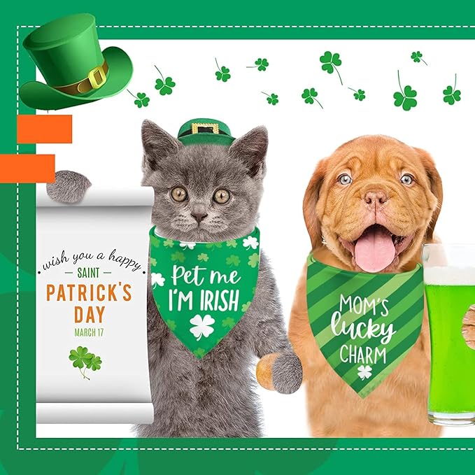 St Patrick's Day Dog Bandanas - Lucky Shamrock Puppy Scarf - 2 Pcs Adjustable Triangle Double-Layer Reversible Pet Bandanas for Small Medium Large Dogs
