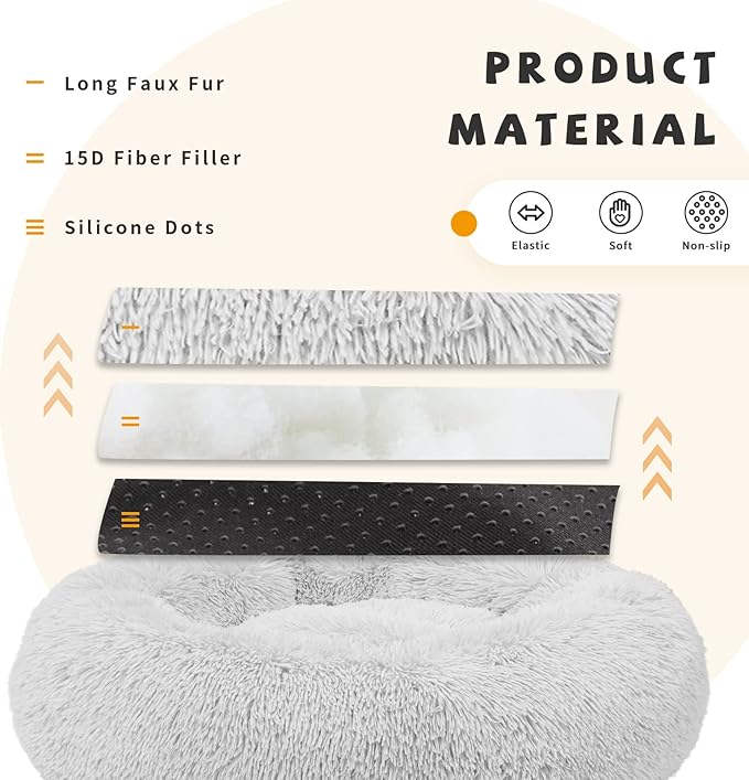 Calming Dog Bed for Medium Dogs Washable Donut 30 inches Anti-Slip Pet Bed,Round Fluffy Plush Faux Fur Cat Bed,Fits up to 45 lbs Pets,Grey