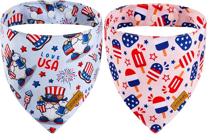 4th of July Dog Bandanas with Snap Button, 2 Pack American Flag Pet Scarf for Boy & Girl, Premium Durable Fabric, Adjustable Fit, Patriotic Bandana for Medium and Large Dogs (Large)