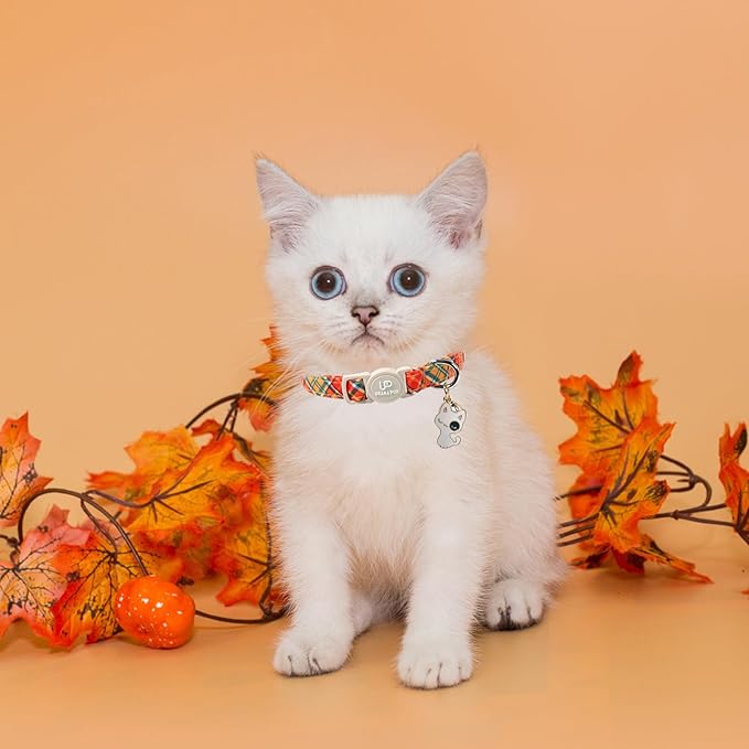 Cat Collar-2Pack Autumn Orange Plaid Kitten Collars-Halloween Plaid Breakaway Kitty Collars-Cute Kitty Pendants,Yellow Orange Grid Cat Collar with Bell, for Girl & Boy Cats