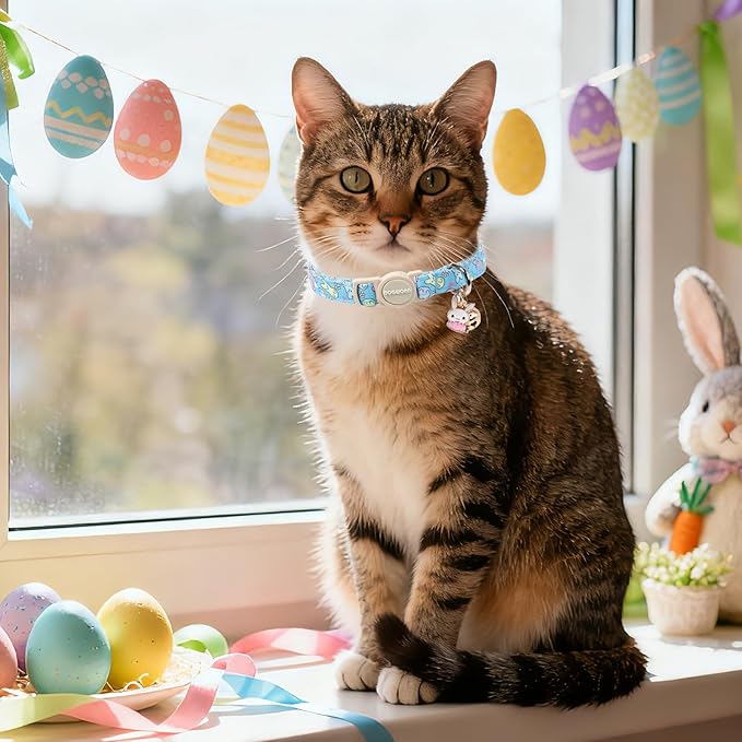 DOGWONG 2 Pack Easter Day Cat Collar Breakaway,Safety Adjustable Easter Plaid Rabbit Cat Collars with Bell for Kitten