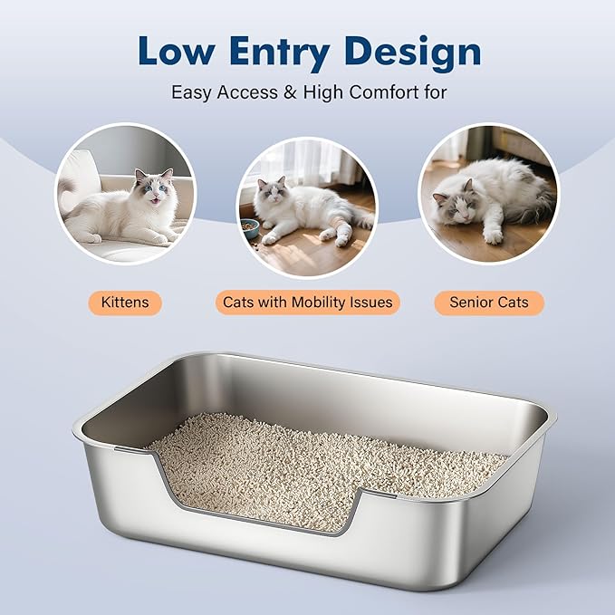 Stainless Steel Cat Litter Box with Low Entry, Large Metal Kitty Litter Box for Senior or Injured Cats, Odor-Free, Non-Stick, Easy to Clean, 23.4"x15.6"x7.8", for Multiple Cats