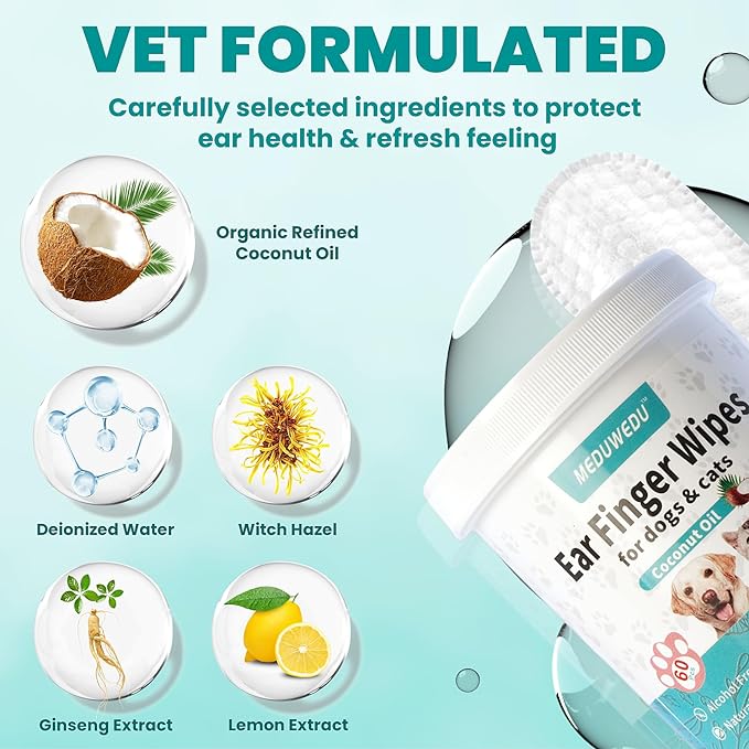 Ear Cleaner Finger Wipes 60 Counts, Dog Ear Cleaner, Grooming Kit Care for Dogs and Cats, Soft & Easy Otic Cleaning Pads, Remove Wax, Dirt & Stop Smelly, Itchy, Non-Irritating, Unscented