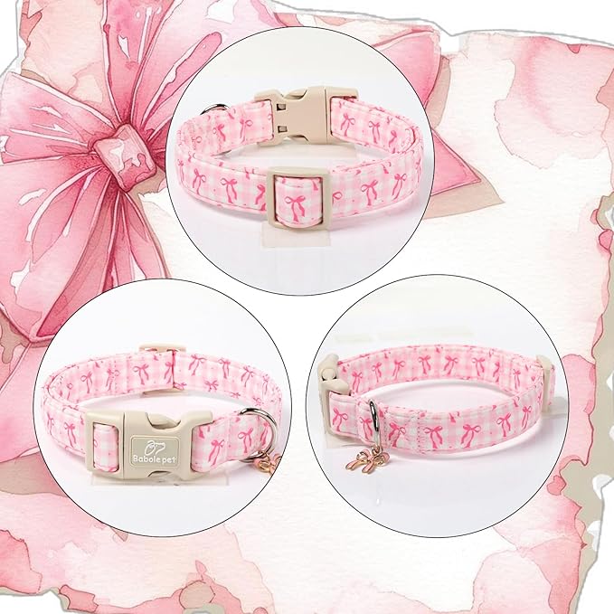 Girl Dog Collar for Medium Dogs - Cute Pink Plaid & Bow Print Spring/Summer Puppy Collar, Soft Adjustable Holiday Female Dog Collars with Quick Release Buckle M
