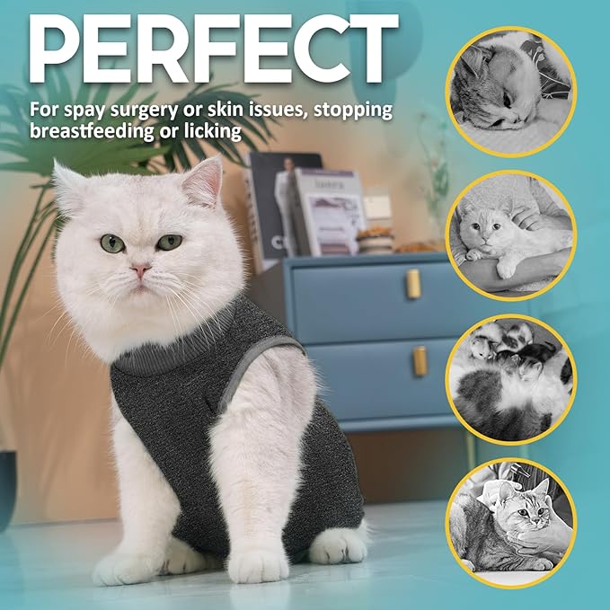 Avont Cat Recovery Suit - Kitten Onesie for Cats After Surgery, Cone of Shame Alternative Surgical Spay Suit for Female Cat, Post-Surgery or Skin Diseases Protection -Darkgrey(L)