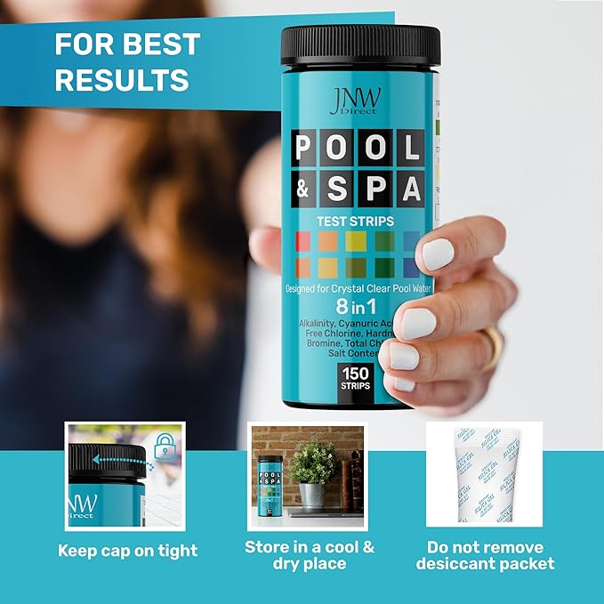 Pool Test Strips 8-in-1, 150 Quick and Accurate Pool and Hot Tub Test Strips - Pool Water Testing Kit for Chlorine, Bromine, pH, Hardness, More - All in 1 Swimming Pool Test Strips by JNW