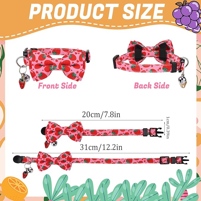 6 Pack Breakaway Cat Collars with Bow Tie and Bells Fruit Pendants Adjustable Safety Kitten Collar Fruit Cat Collar with Bell Ideal for Girl Boy Cats