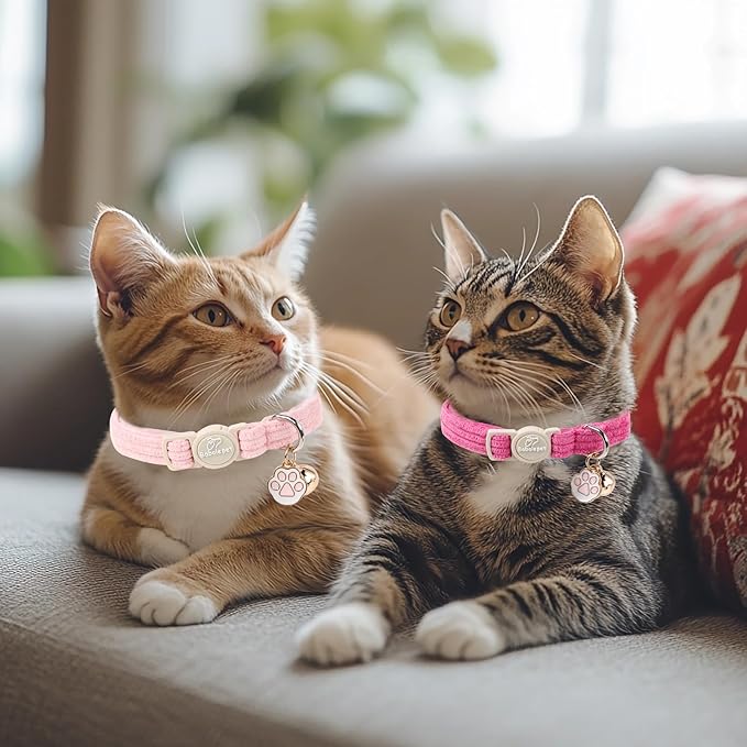 2 Pack Corduroy Cat Collars - Cute Breakaway Cat Collar with Bell and Paw Pendant, Soft Adjustable Fall Winter Kitten Collars for Girl Boy Cats, Pink&Deep Pink