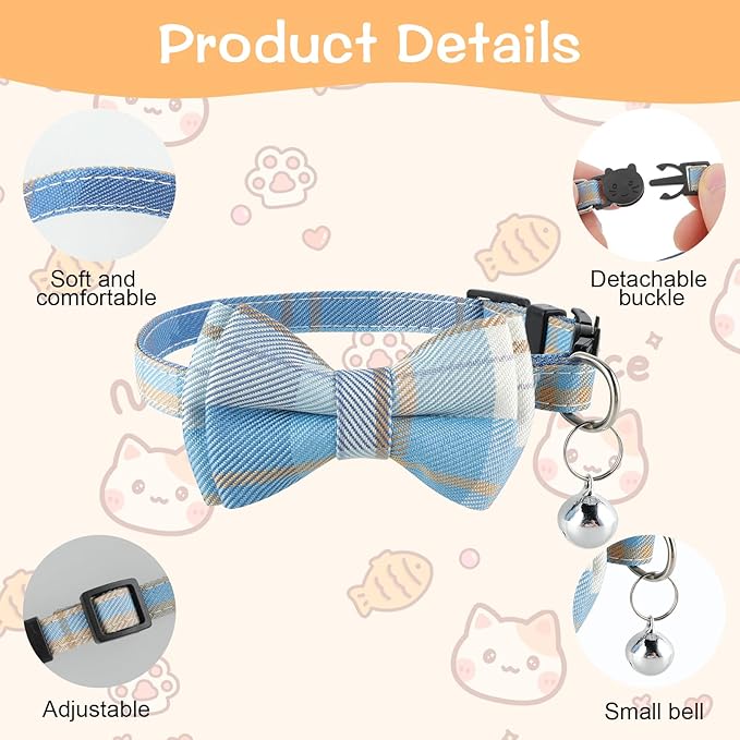 Jeffdad 2Pcs Cat Collar Breakaway, Cat Collar with Bells Bowtie Plaid Cat Collar Adjustable for Kitten Puppy and Small Pets (Blue and White Plaid)