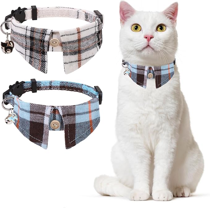 Cat Collar with Bells Breakaway, Shirt Cat Collar for Girl Boy Cats with Removable Bow Tie Collar, 2 Pack Cute Plaid Kitten Collar Bowtie for Female Male Puppy Pets Safety Adjustable