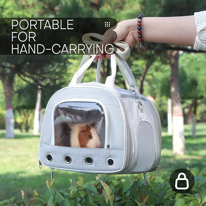 Gray Rabbit Travel Bag with Panoramic Skylight & Bottom Mesh | Odor Control Carrier for Squirrel/Small Birds | Outdoor Adventure Gear with Snack Pocket (Gray)