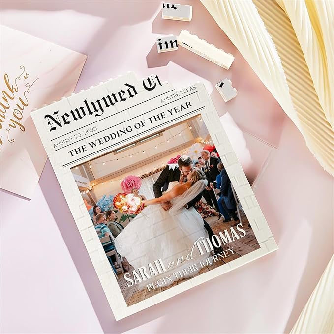 NAZENTI Personalized Newlywed Newspaper Building Block Keepsake for Couple, Custom Wedding Puzzles Blocks gifts for Him Husband, Custom Home Decor with Photo Gifts for Valentine Christmas Birthday