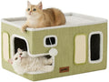 Extra-Wide Cat House for Indoor Cats - Large Cat House for Pet with Fluffy Ball Hanging and Scratch Pad, Foldable Cat Hideaway for Multi Cats, 23x16.5x13 inches, Green